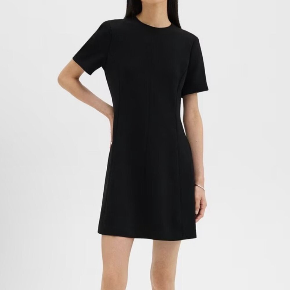 Theory Flared Short-Sleeve Dress in Admiral Crepe